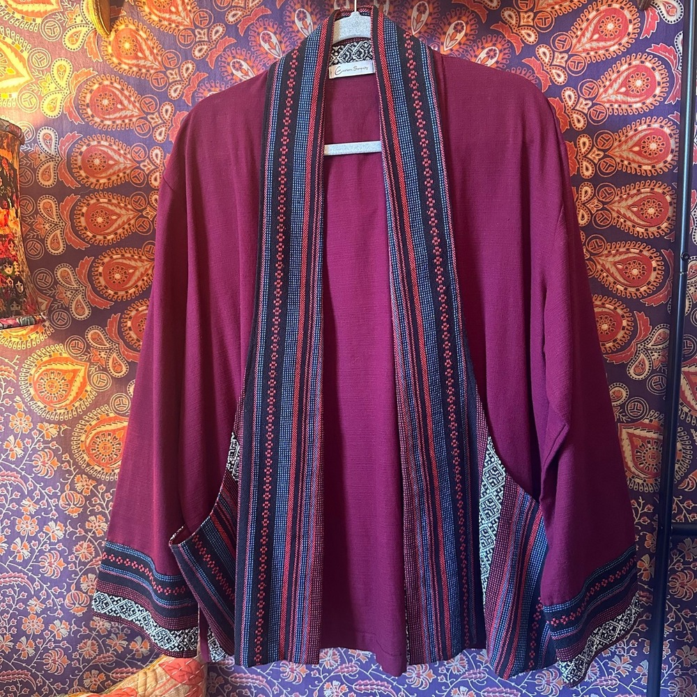 Eastern Serenity Burgundy Tribal Embroidered Open Front Cotton Jacket XXL